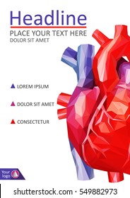 Book Cover Low Poly Human Heart. Annual Report. A4 Medical Journals, Conferences, Magazines. Academic Research. Vector Illustration.