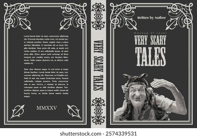 Book cover mockup for a collection of scary tales, featuring a smiling witch statue against a dark background, with elegant frame and typography