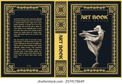 Book cover mockup with elegant golden frame and dancing statue, perfect for showcasing art and design projects