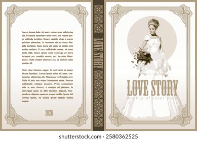 Book cover mockup featuring bride holding bouquet, with decorative frame and title love story