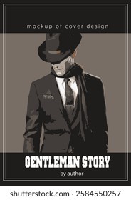 Book cover mockup featuring a stylish gentleman wearing a suit and hat, exuding mystery and intrigue