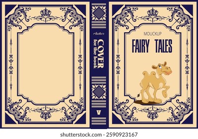 Book cover mockup featuring a walking camel illustration, ornate frame, and title fairy tales. Hand drawn Illustration