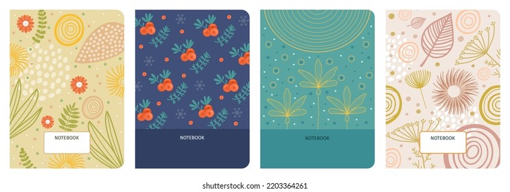 Book cover. Notebook kids pattern. Abstract autumn diary. Floral color collage. Cute grain flowers. Leaves and berries. Minimal drawing. Line circles. Vector botanical background template