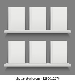 Book cover on shelves. Mobile app web layout with front standing books vector bookshelf mockup