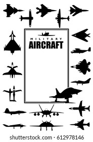 Book cover with silhouettes of different types of military aircraft on white background. Size A4 - Vector image