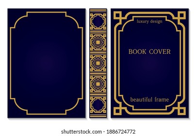 Book cover and spine design template. Decorative golden frame or border with corners to be printed on covers and pages of books. Gold and dark blue style design. Vector illustration.