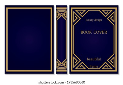Book cover and spine design template. Classical frames. Art Deco certificate design. Geometric pattern. Presentation cover. Vector illustration.