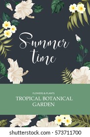 The book cover. Summer time and botanical garen text over green background with flower frame. Tropical flower pattern on the book cover design. Vector illustration.