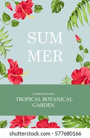 The book cover. Summer time and botanical garden text over blue background with flower frame. Tropical flower pattern on the book cover design. Vector illustration.