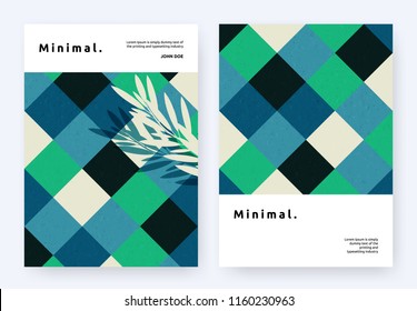 Book cover template design, symmetrical diamond shapes pattern with leaves, minimalist cool green tones