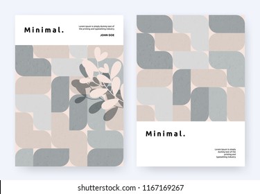 Book cover template design, symmetrical curved block shapes pattern with leaves, minimalist brown and grey tones