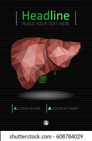 Book cover template with Realistic human liver with bile duct and gallbladder in low poly.  Good for medical annual report, banner, book, journal, conference, web. Vector.