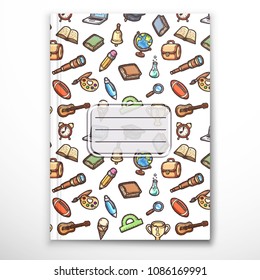 Book cover template with school hand-drawn doodles.