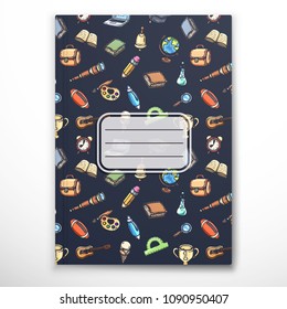 Book cover template with school hand-drawn doodles.