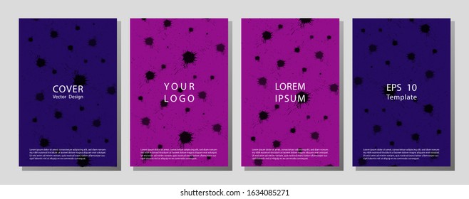 Book cover templates set, vector paint stain abstract background.  Four modern vector flyers in avant-garde style.  Banner with splash on abstract background