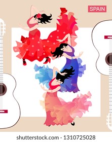 Book cover with three spanish girls  dancing flamenco. Silhouettes of white guitars.