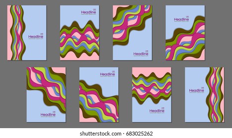 Book cover vector templates, scientific magazines, business brochures, educational newsletters design. Front page design collection with flowing curve lines, cover layouts with waves striped patterns.