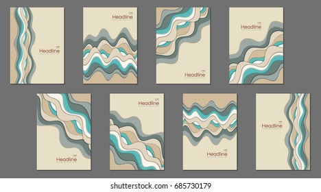 Book cover vector templates, scientific magazines, business brochures, educational newsletters design. Front page design collection with flowing curve lines, cover layouts with waves striped patterns.