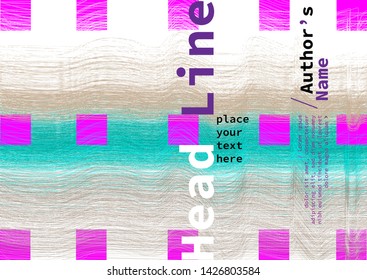 Book cover with white background, bright violet square pattern, abstract multicolored linear texture and headline