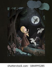 Book Cover The Wild Swans Fairytale Vector Illustration. Little girl looking at her brothers turned into swans and flying away.