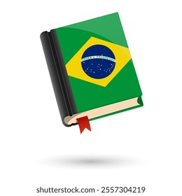 The book is covered in the flag of the Brazil. Vector illustration of 3D language book on white background.