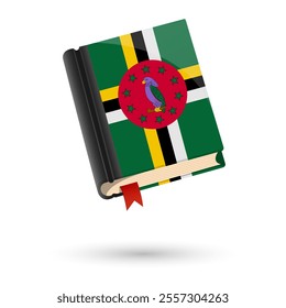 The book is covered in the flag of the Dominica. Vector illustration of 3D language book on white background.