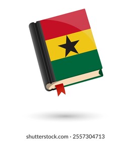 The book is covered in the flag of the Ghana. Vector illustration of 3D language book on white background.