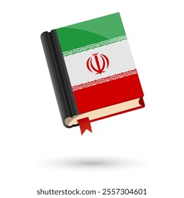 The book is covered in the flag of the Iran. Vector illustration of 3D language book on white background.