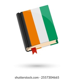 The book is covered in the flag of the Ivory Coast. Vector illustration of 3D language book on white background.
