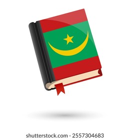 The book is covered in the flag of the Mauritania. Vector illustration of 3D language book on white background.