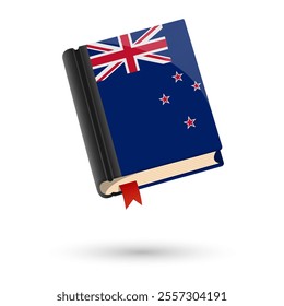 The book is covered in the flag of the New Zealand. Vector illustration of 3D language book on white background.