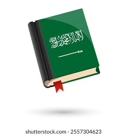 The book is covered in the flag of the Saudi Arabia. Vector illustration of 3D language book on white background.