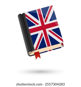 The book is covered in the flag of the United Kingdom. Vector illustration of 3D language book on white background.