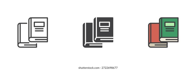 Book covers different style icon set showing front views. Line, solid and filled outline color vector sign and symbol. Neat icon pack for publishing and book icon catalogs.