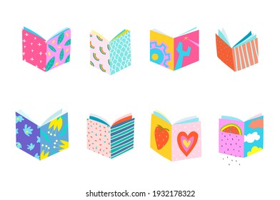 Book covers library collage collection geometrical paper cut objects on white. Simple colorful hand drawn design for reading books and studying, vector design.