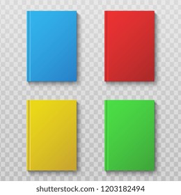 Book covers mockup. Top view colorful books, textbooks or notebooks. Booklet isolated vector template. Illustration of cover textbook literature, book or notebook closed