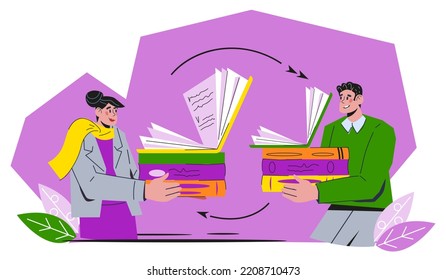 Book crossing banner or poster design with people sharing and exchanging literature. Book reuse eco-friendly initiative, flat vector illustration isolated on white background.