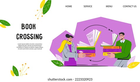 Book crossing banner or poster design with people sharing and exchanging literature. Book reuse eco-friendly initiative, flat vector illustration isolated on white background.
