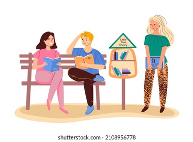 Book crossing as a concept of information exchange,a way of communication,finding a common topic and hobby.People exchange books,read its.Free library.Vector illustration isolated on white background.