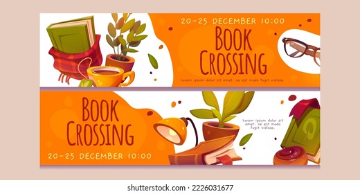 Book crossing event banners. Posters of bookcrossing in library, reading club, store, market or literature festival with glasses, blanket, tea cup and plants, vector cartoon illustration