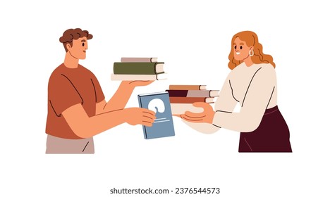 Cruce de libros, intercambio, concepto de intercambio. Gente compartiendo, dando y haciendo que la literatura lea. Lectores amigos, orugas y corredores de libros. Ilustración vectorial plana aislada en fondo blanco