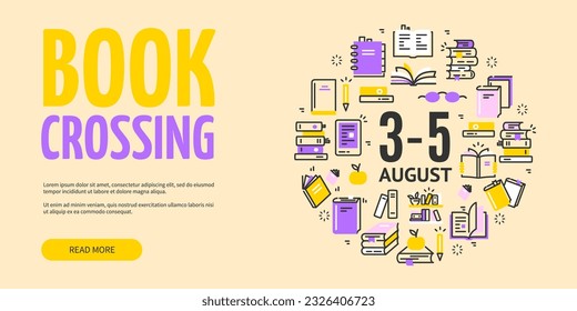 Book Crossing with Read More Button Horizontal Placard Poster Banner Card Template. Vector illustration of Exchange Books Service