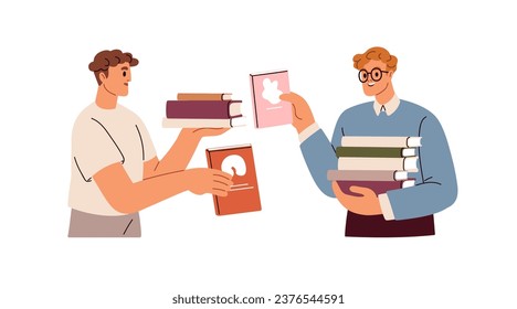 Cruce de libros, concepto de intercambio. Amigos intercambiando literatura, compartiendo, recomendando ficción para la lectura. Hombres lectores estudiantes y corredores de libros. Ilustración vectorial plana aislada en fondo blanco