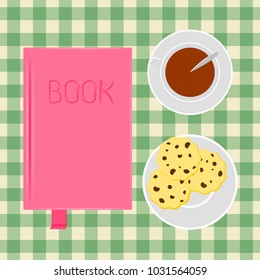 book, cup of coffee with cookies. Vector illustration. Table top view. Vector illustration.