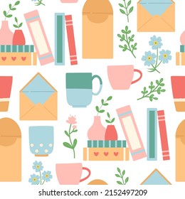 Libro, taza, sobre y patrón sin soldadura de flor, ilustración vectorial
