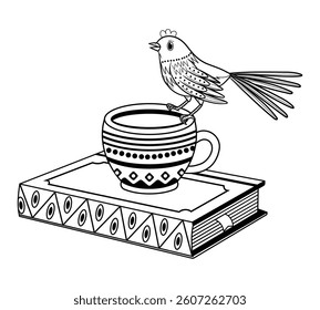 Book, cup of tea or coffee and a bird on white background. Book with coffee. Book day icon. 