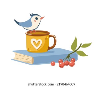 Book, cup of tea, cute birdie and berries of rowan. Cute little bird sitting on edge of tea or coffee mug, which standing on closed book. Cozy autumn, back to school, education concept cartoon vector