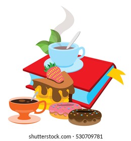 Book, cup of tea, donuts. Colored illustration for design cafeteria, restaurants, bakeries and cafes.