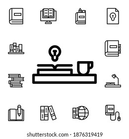 Buch, Tasse, Tee, Idee, flache Vektorsymbol in Bücherpack