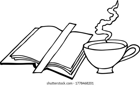A book and a cup of tea with steam on a white background, vector